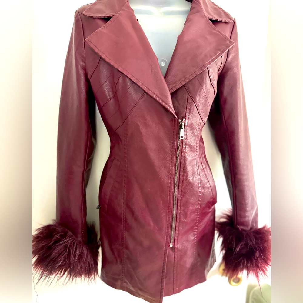 Vintage vegan leather coat w/ fur trim